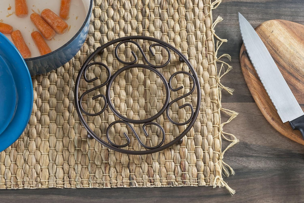 Scroll Collection Steel Trivet for Hot Dishes, Pots And Pans, Round Design & Dinning Table, Bronze