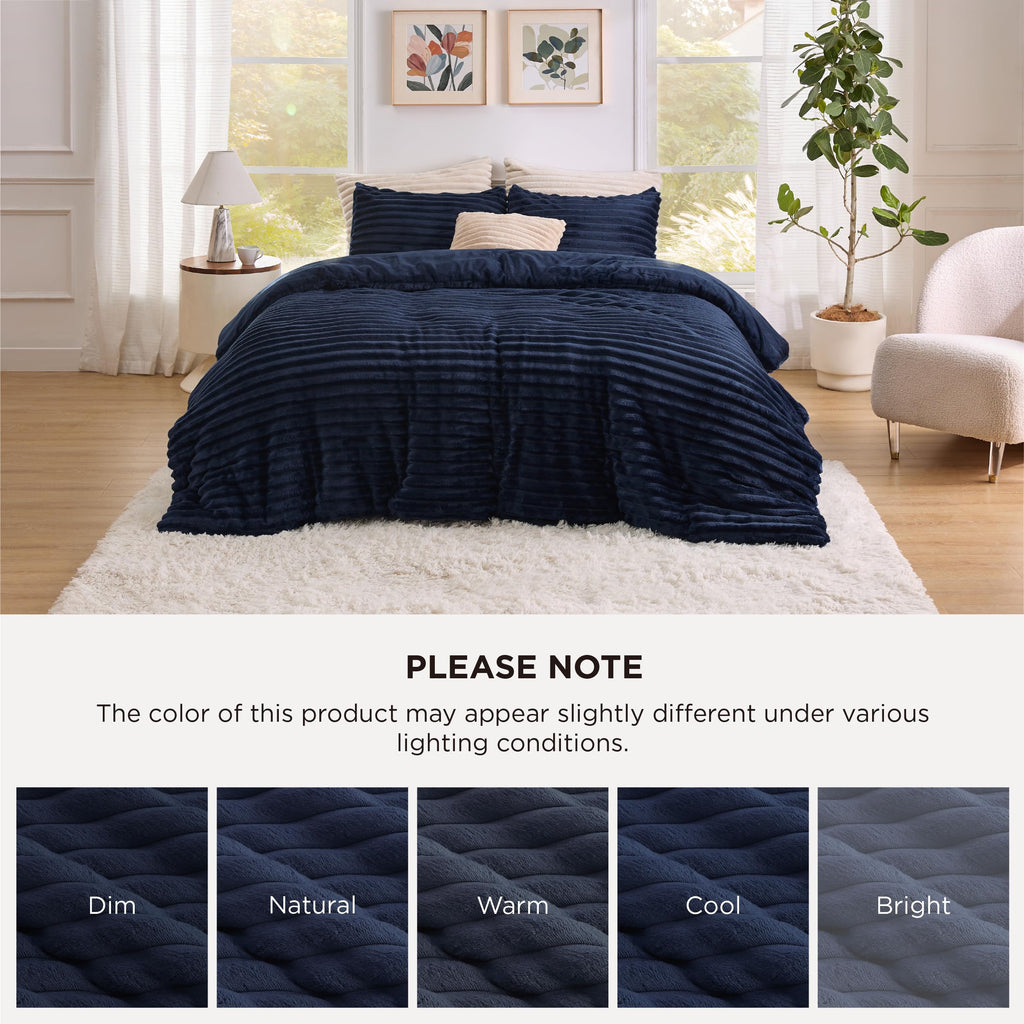 Fluffy Comforter Set, Cozy Fleece Navy Bedding