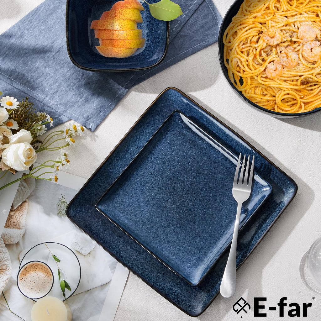 18-Piece Square Stoneware Dinnerware Sets for 6, Reactive Blue Glaze