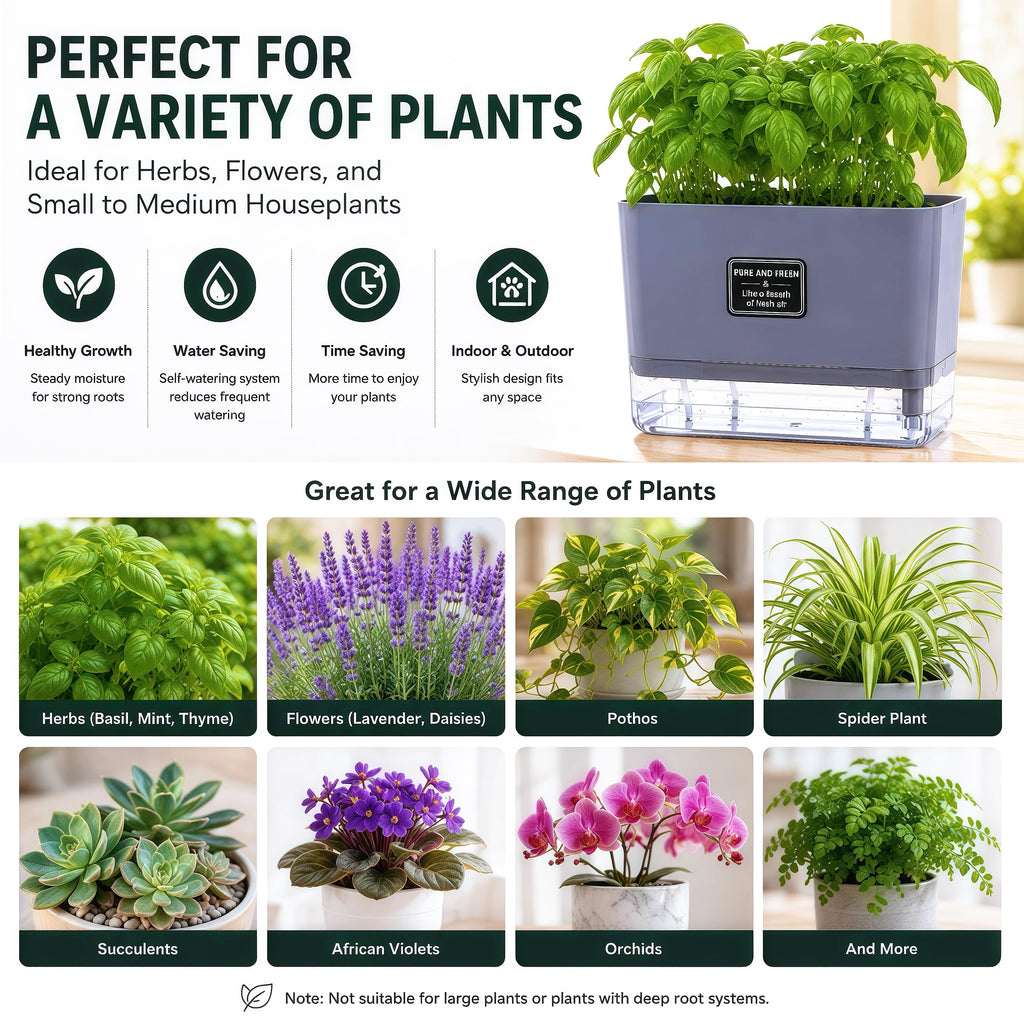 Self Watering Planters 4 Pack, 7 Inch Rectangle Plant Pots with Visible Water Reservoir, Indoor Outdoor Herb Planter