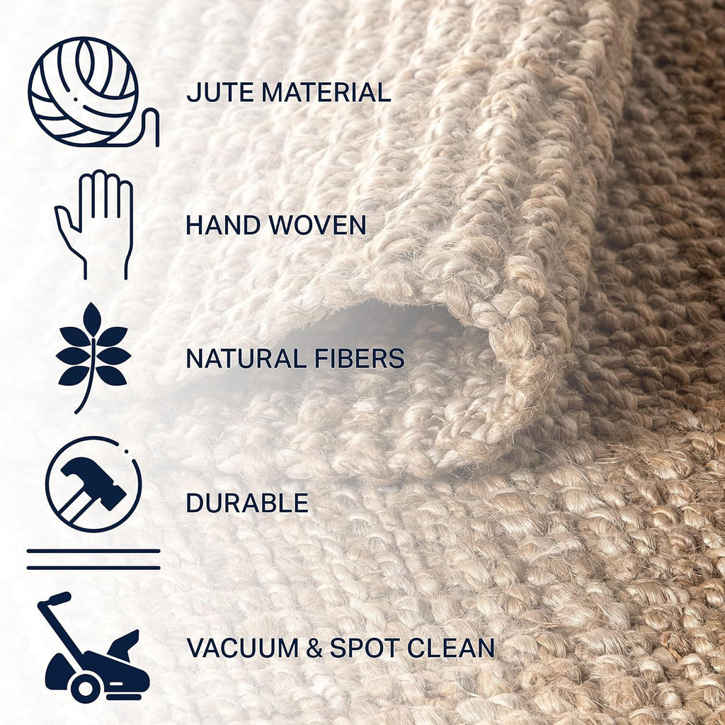 Pata Hand Woven Chunky Jute Natural Area Rug, 9x12, Bohemian, Rustic, Cottage, Easy-Cleaning