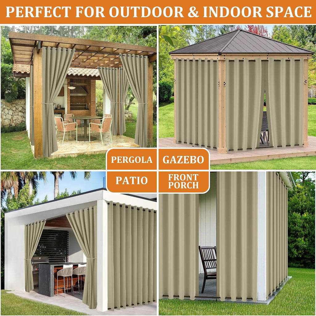 Outdoor Curtains Waterproof 2 Panels Blackout Curtains 108 inch Long with Zipper Top & Bottom Grommet Sun Blocking