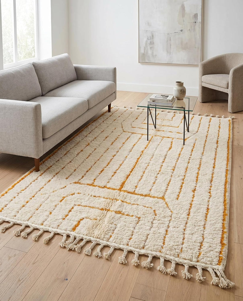Beni Ourain Moroccan Rug, Cream Saffron Geometric Design (4x4 ft)