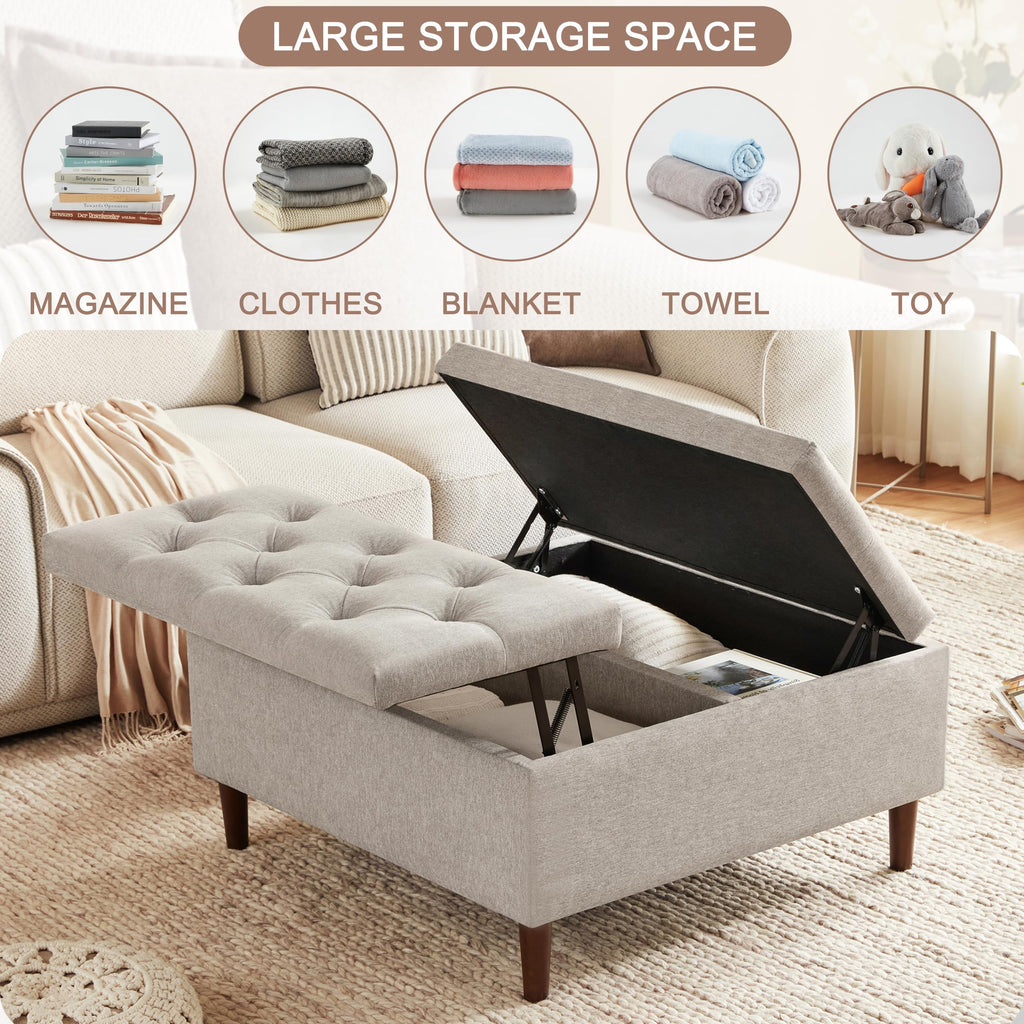 35" Large Storage Ottoman Coffee Table, Square Ottoman, Light Grey