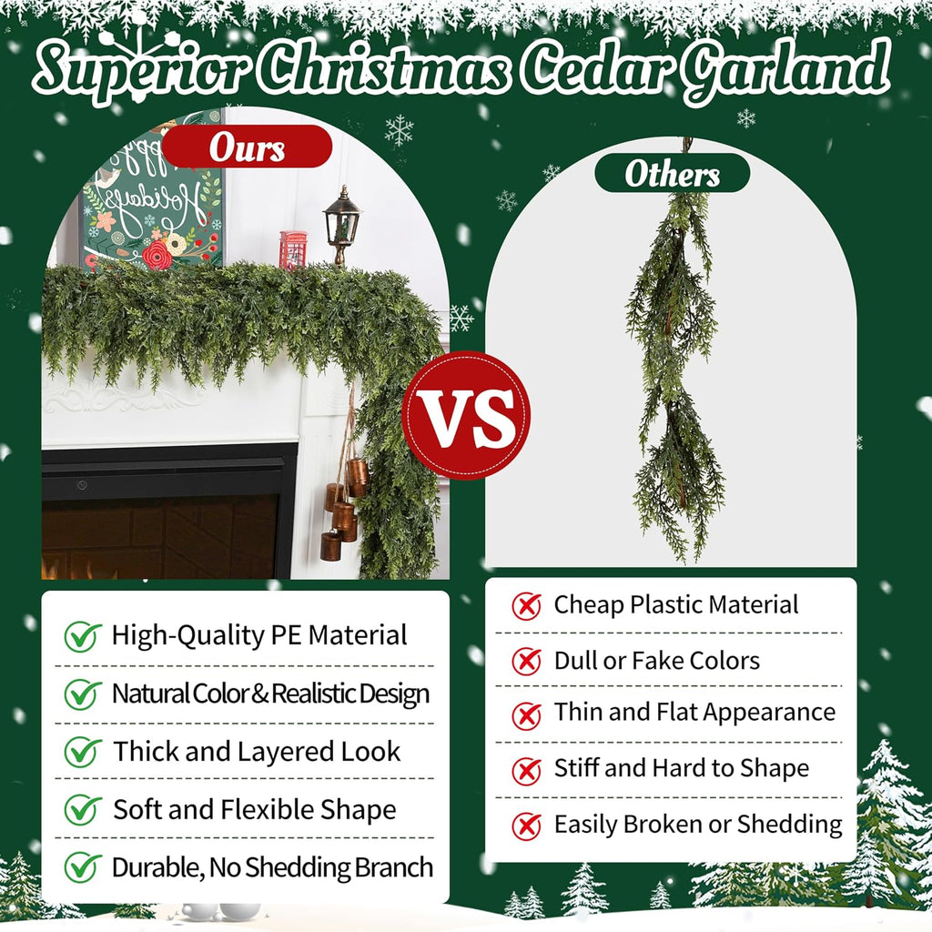 9Ft Christmas Cedar Garland, Artificial Realistic Greenery Faux Garlands Touch Like Real Pine Needles Xmas Décor