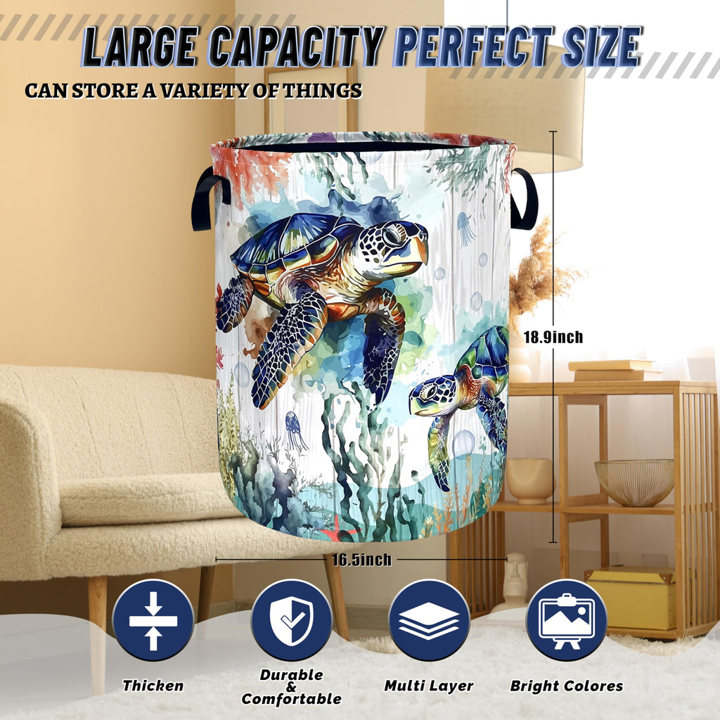 Ocean Sea Turtle Laundry Basket Oxford Cloth Foldable Hamper 18.9x16.5 Inch