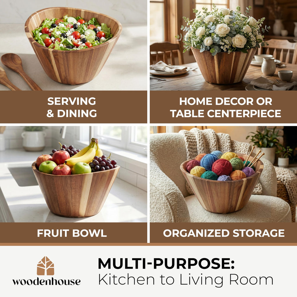 Extra Large Wooden Salad Bowl, Acacia 12" Multi-Purpose Serving Fruit Bowl