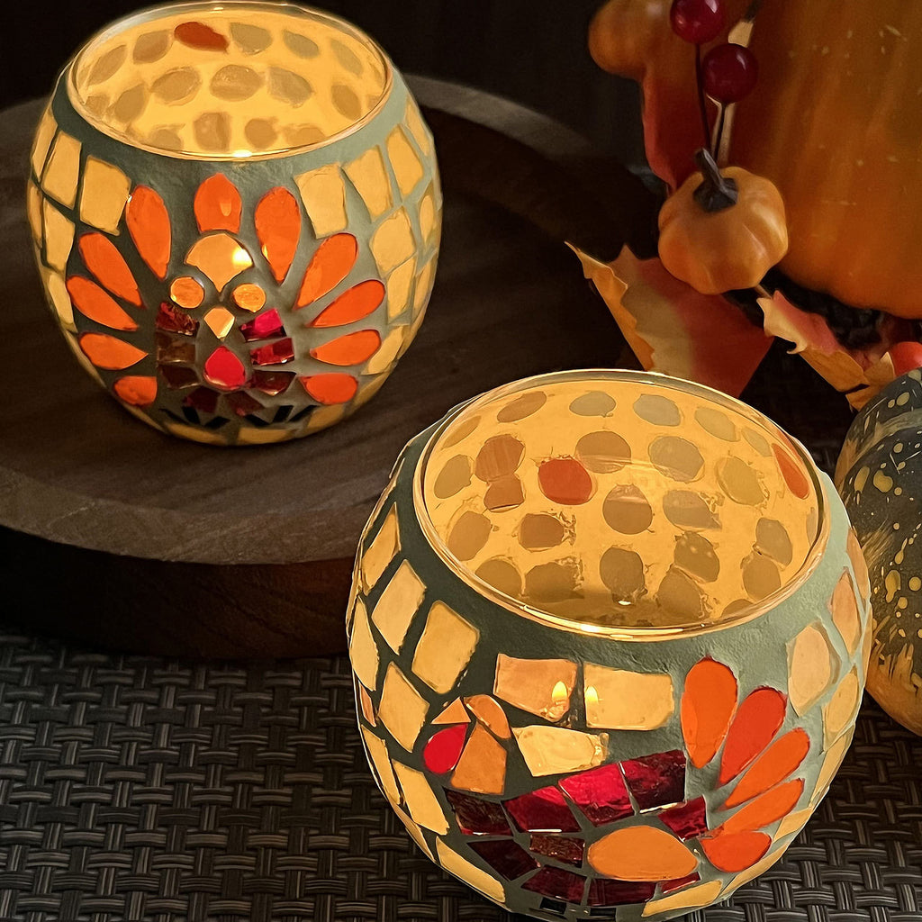 Thanksgiving Votive Candle Holder Set of 4, Mosaic Glass Tealight Holders with Turkey for Fall Table Centerpiece