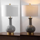 27" Gray/Brass Ceramic Table Lamp Bedroom, Modern Transitional Nightstand Lamp with White Linen Drum Shade