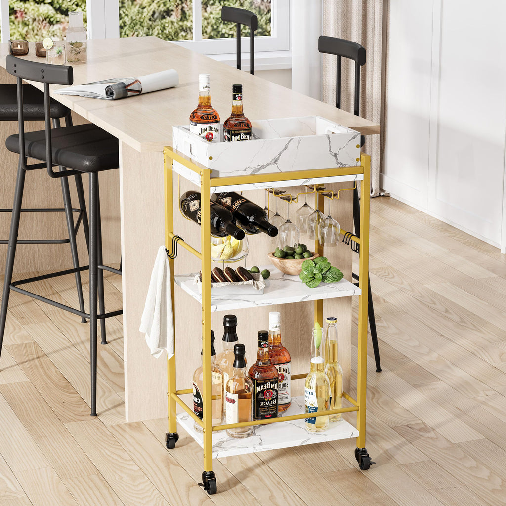 3-Tier Gold Bar Cart with Removable Tray, Small Bar Carts with Wheels, Rolling Beverage Cart, Drink Cart, Gold Wine