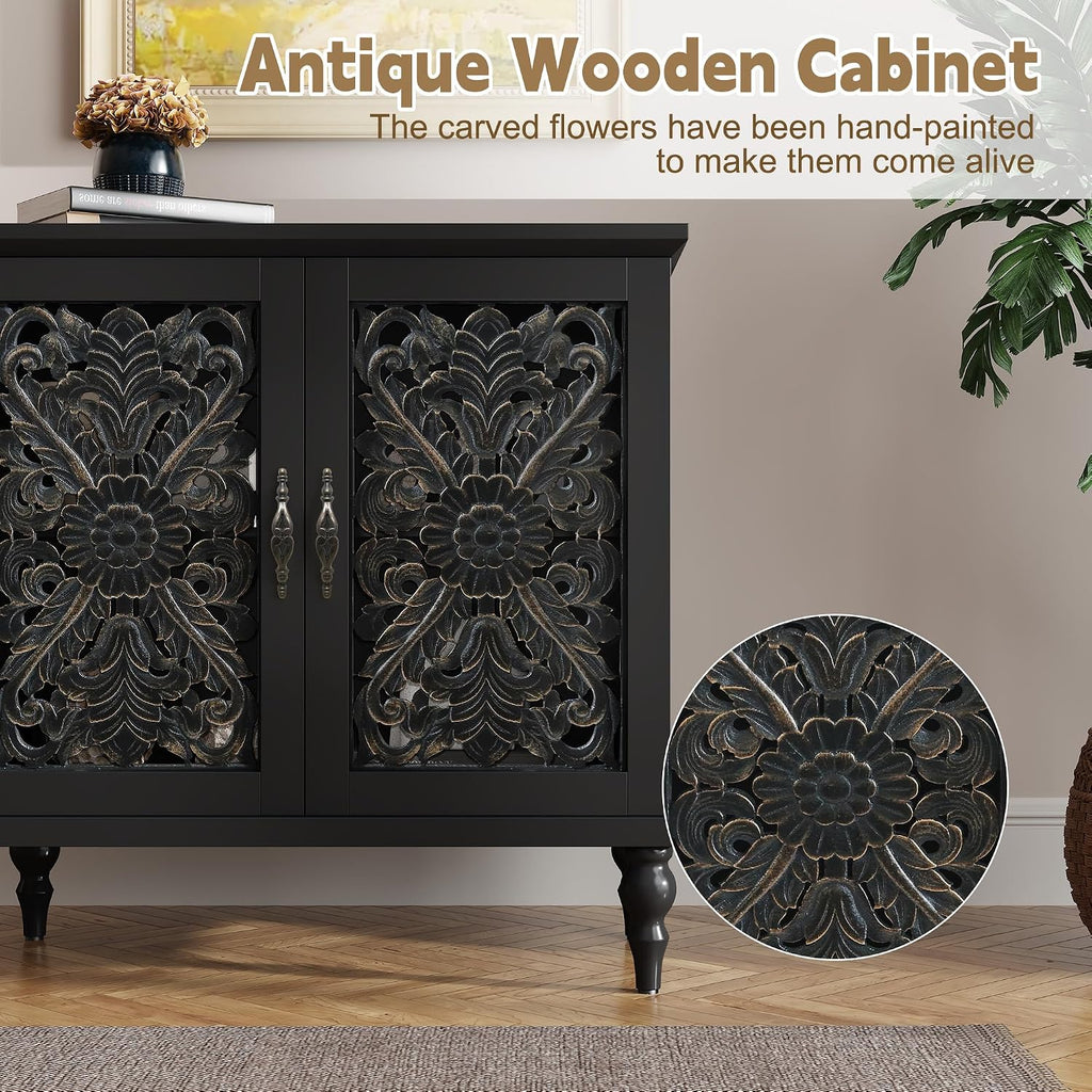 Vintage Accent Cabinet with 2 Doors, Credenza | Hand Painted Carved Door Sideboard & Buffet Cabinet, Wood Storage
