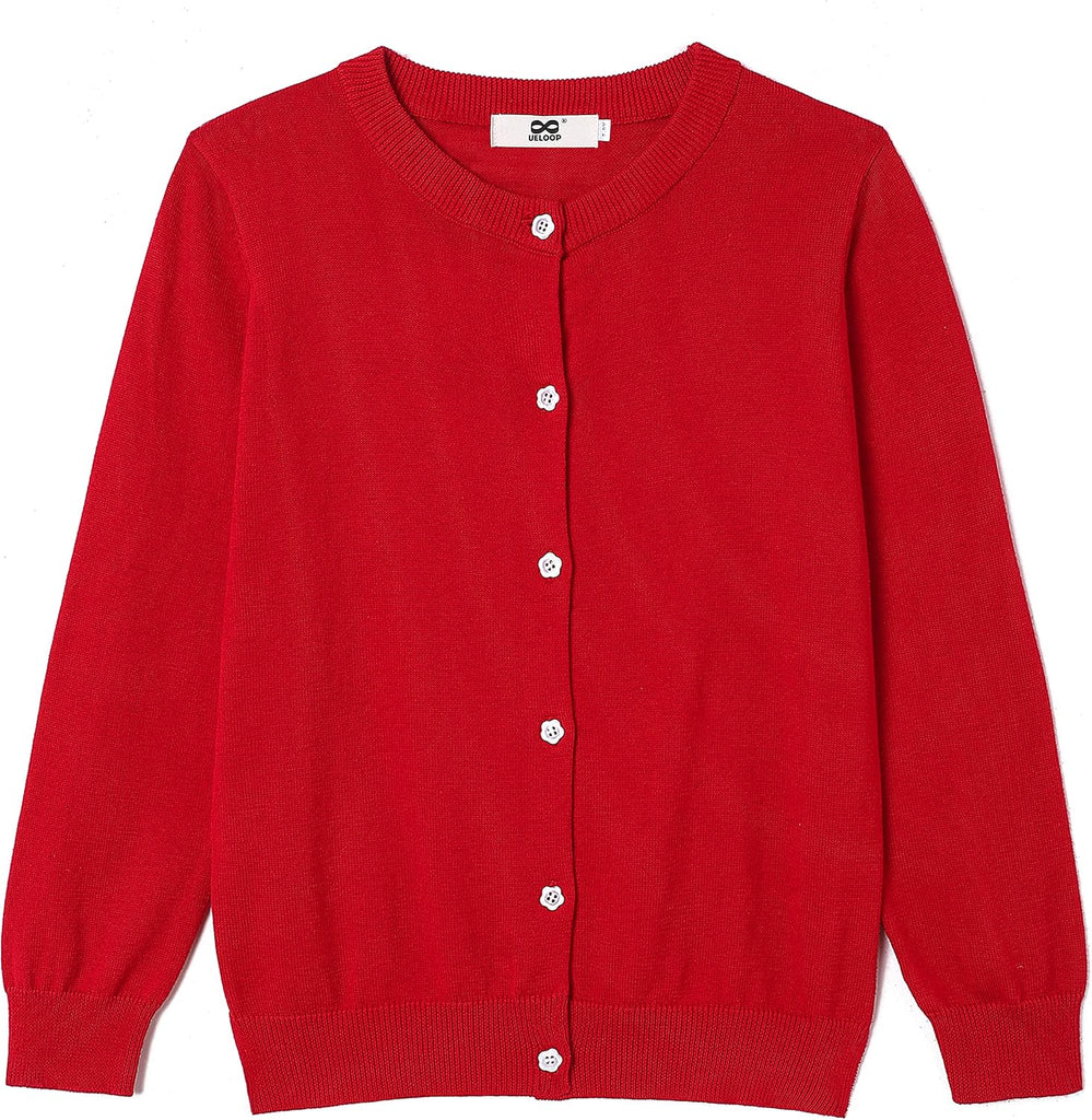 Girls' Cardigan Sweater [Cute Petal Buttons] Cotton Long Sleeve Crewneck Uniform Sweater for Girls