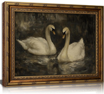 Vintage Gold Frame Swan Couple Wall Art Elegant Swan Painting Canvas Modern Farmhouse Cottagecore Picture Wall Decor