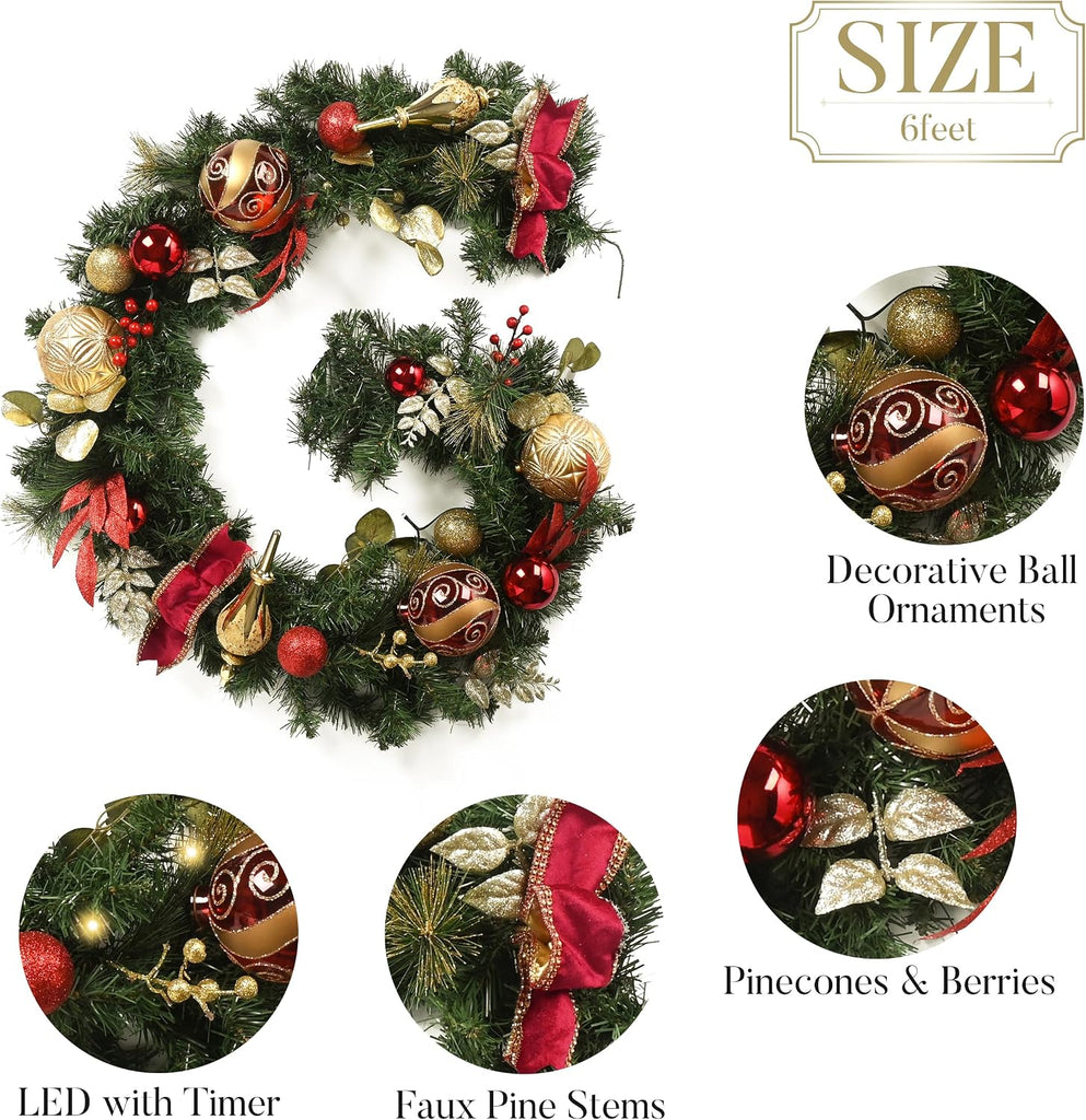 6 Feet Pre-Lit Christmas Garland with Red Gold Ball Ribbons