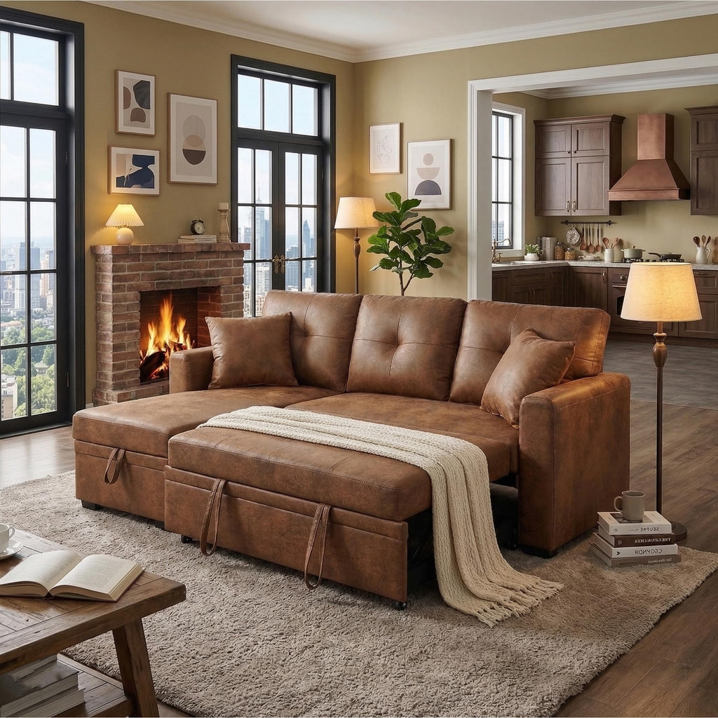 71" L Shaped Sofa with Pull Out Sofa Bed, Sectional Sleeper Sofa with Reversible Chaise, 3 Seater Modular Sectional
