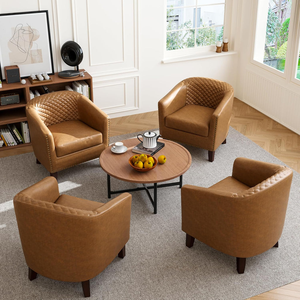 Faux Leather Barrel Accent Chair with Nailhead, Light Browm - Set of 2