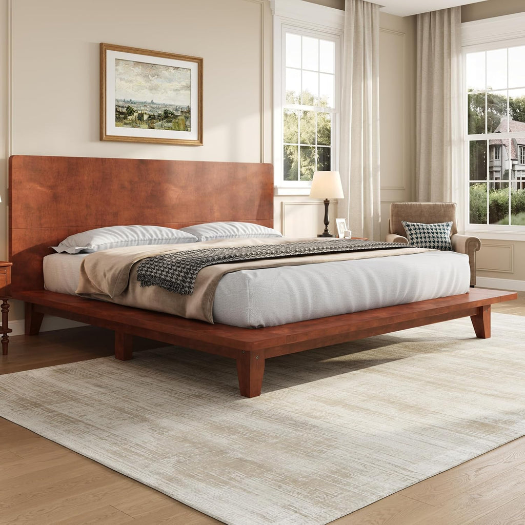 Mid-Century Full Size Wooden Bed Frames, Pine Wood Japanese Low Platform Bed with Brown Headboard, 7 inch Low Under