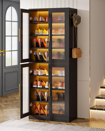 Black Shoe Storage Cabinet with Acrylic Doors and LED Lights, 8-Tier Tall Entryway Shoe Organizer Rack with