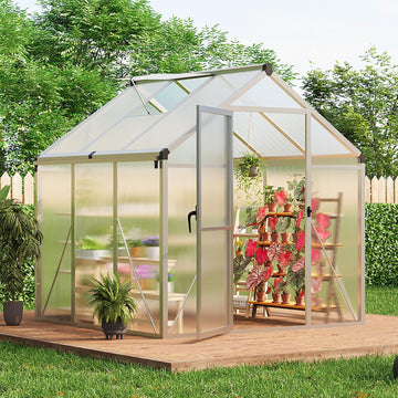 6x6 ft Walk-in Greenhouse, Polycarbonate Panels with Reinforced Aluminum Frame, Large Garden Green House for Planting