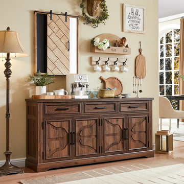 66" Farmhouse Buffet Cabinet with Storage, Sideboard Credenza, Carved Cloud-Inspired Doors, 3 Drawers & Adjustable