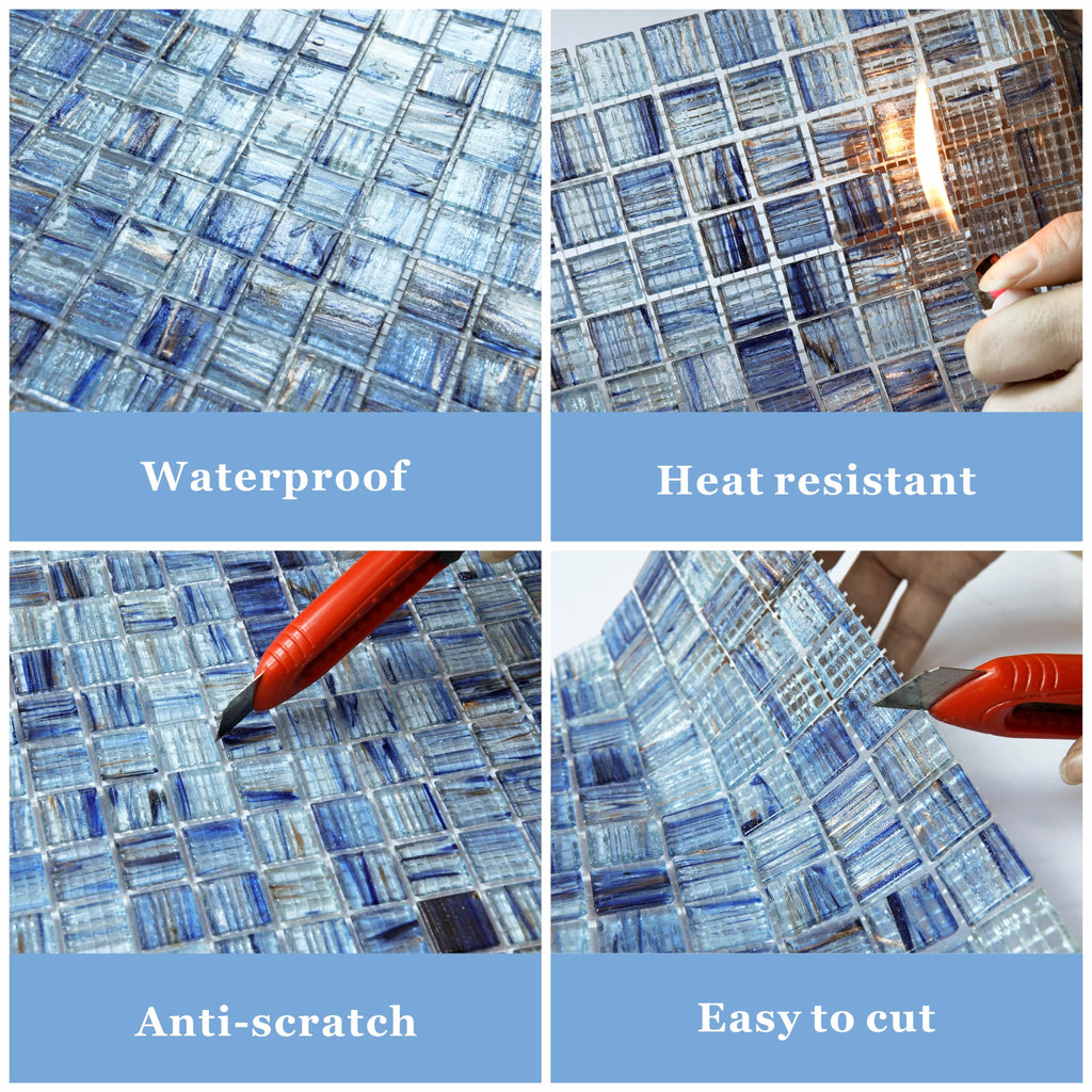 8 Sheets Glass Mosaic Tiles Backsplash, 12" x 12" Light Blue Backsplash Tile Bathroom Swimming Pool Shower Wall (8