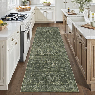 3x8 Washable Kitchen Runner Rug Non-Slip Boho Dark Green Throw Carpet