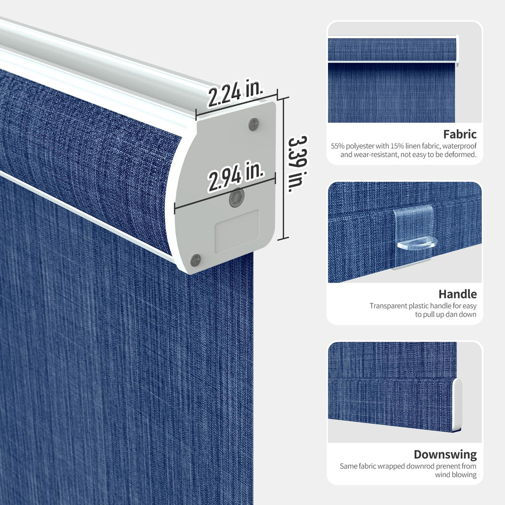 Linen Roller Shades, Cordless Roller Blinds, Blue, Custom Size