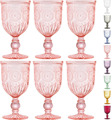 Pink Wine Glasses Set of 6 Vintage Hobnail Goblets 10 oz Transparent Glassware with Stems Dishwasher Safe