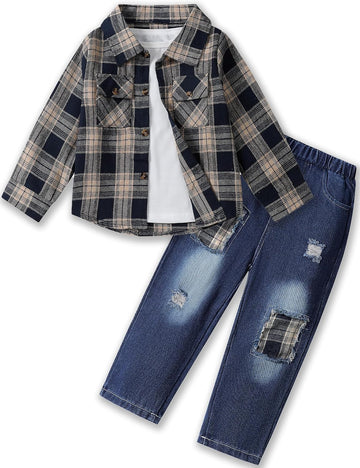 Toddler Boy Clothes Plaid Shirt Jacket White T-shirt and Jeans Pants 3PCS Boys Fall Winter Outfits