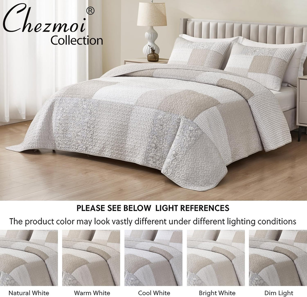 3-Piece Neutral Taupe Gray White Floral Hibiscus Flower Candy Stripe Patchwork Quilt Set - Pre-Washed Cotton