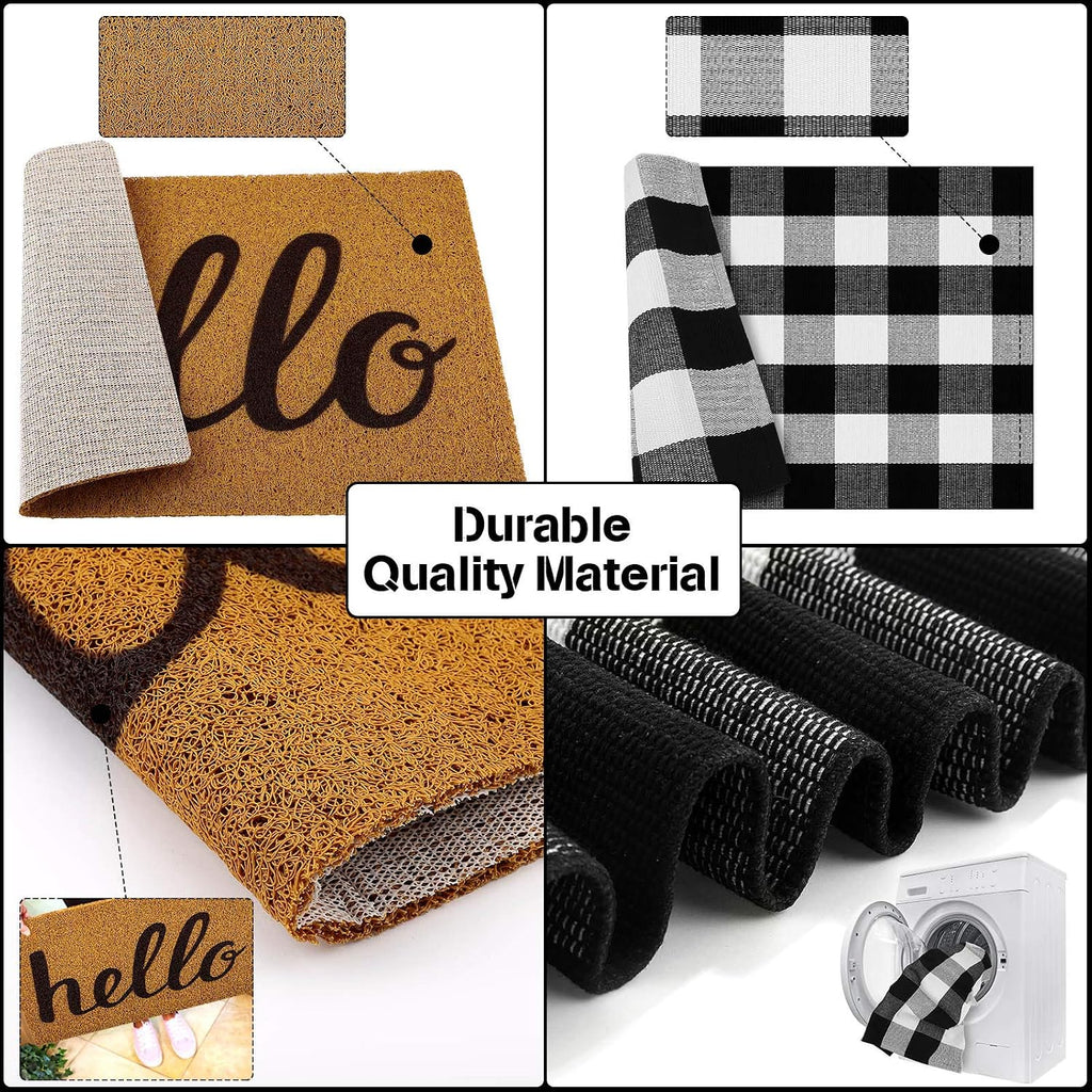 2 Pcs 24'' x 35.5'' Buffalo Plaid Checkered Rug with 18'' x 30'' Hello Doormat, Rubber Non Slip Front Door Mat
