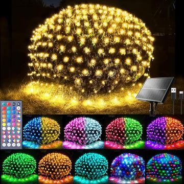 6.5ft x 6.5ft Solar Net Lights, 120LED 34 Colors Changing Christmas Net Lights Solar & USB Powered, Waterproof Mesh