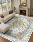 Area Rugs Washable Non-Slip, Floral Vintage Distress Print Pattern Medallion Carpet for Living Room Bedroom