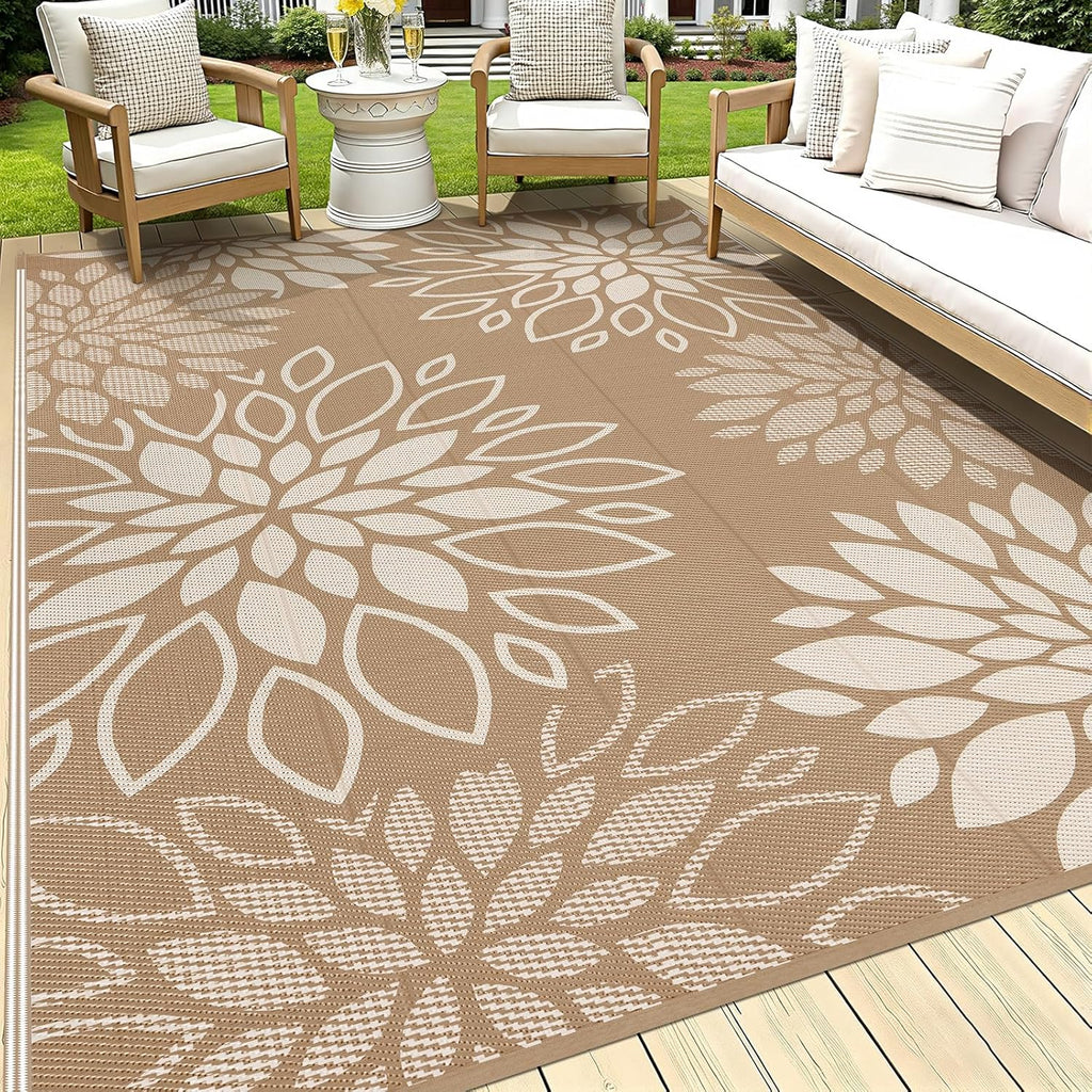 Waterproof Outdoor Rug 9x12 for Patios, Floral Reversible Plastic Straw Rug Patio Mat, Indoor Outdoo