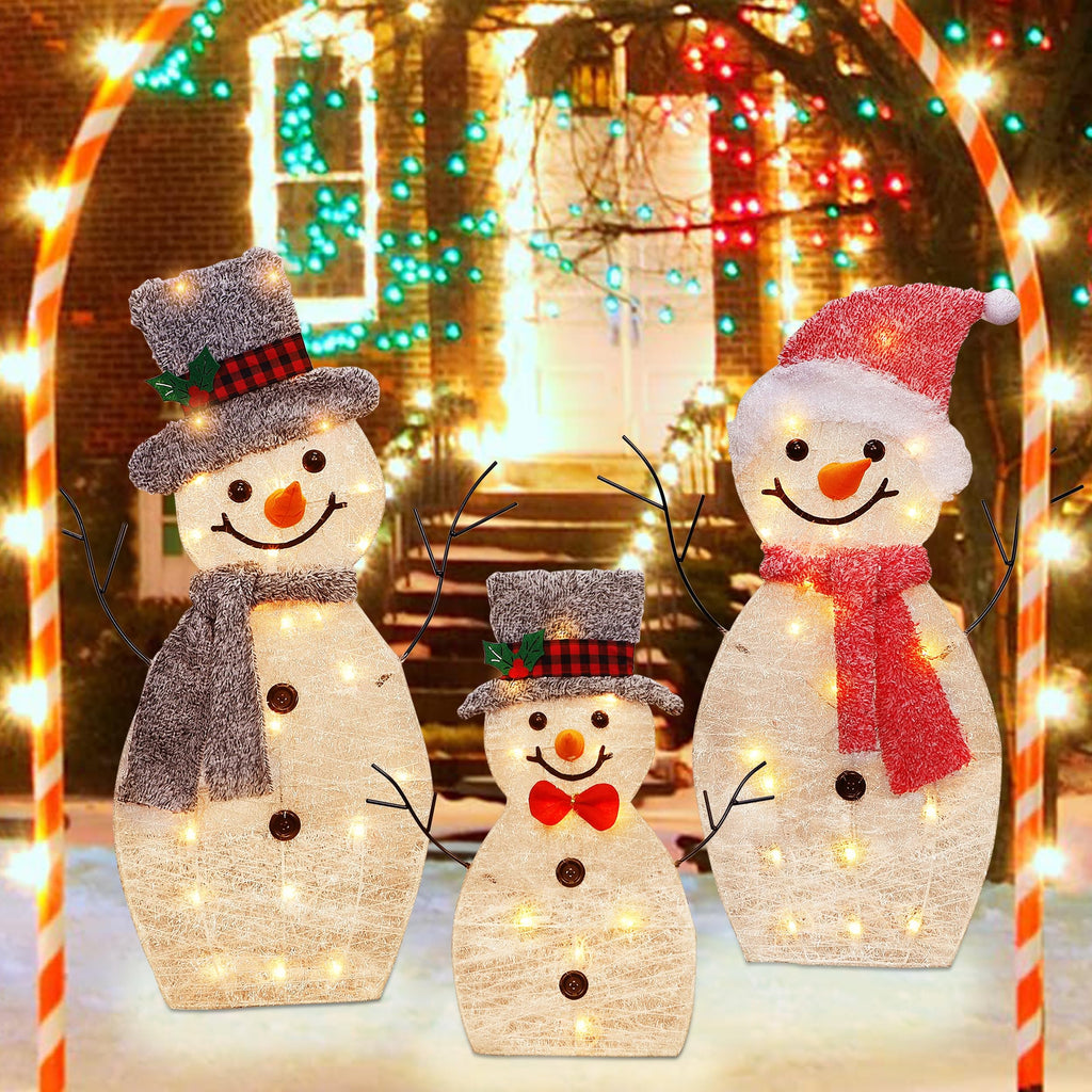 Light Up Snowman Family, Pre-Lit 60 Lights Christmas Collapsible Snowman Outdoor Decoration, Outdoor Lighted Snowman