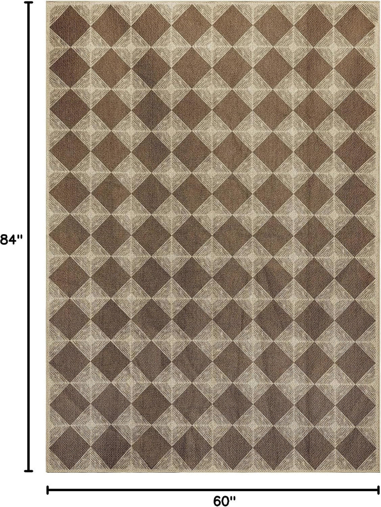 5x7 Checkered Easy Jute Rug - Washable Non-Slip Indoor Outdoor Carpet, Brown Textured Diamond Pattern, Neutral Area