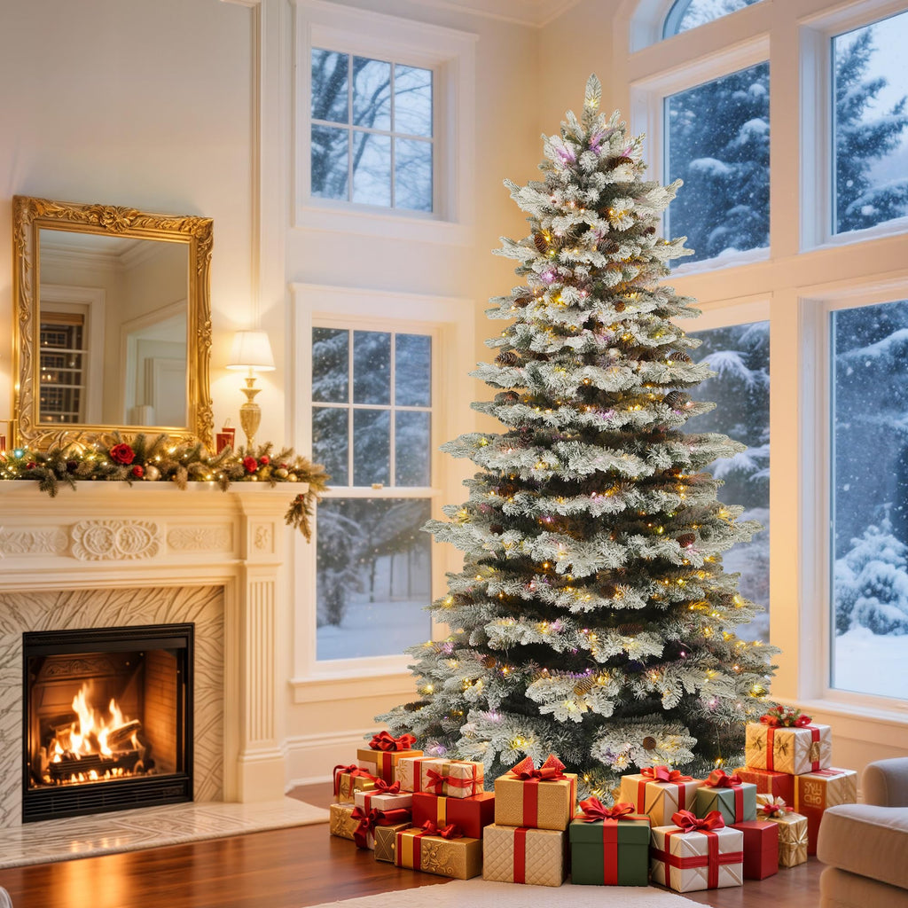 9FT Pre-Lit Pre-Decorated Flocked Mountain Pine Christmas Tree