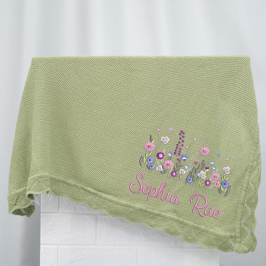 Wildflower Nursery Quilt Blanket with Ruffle Edge - Custom Embroidered Floral Name Blanket, Personalized Newborn Gift