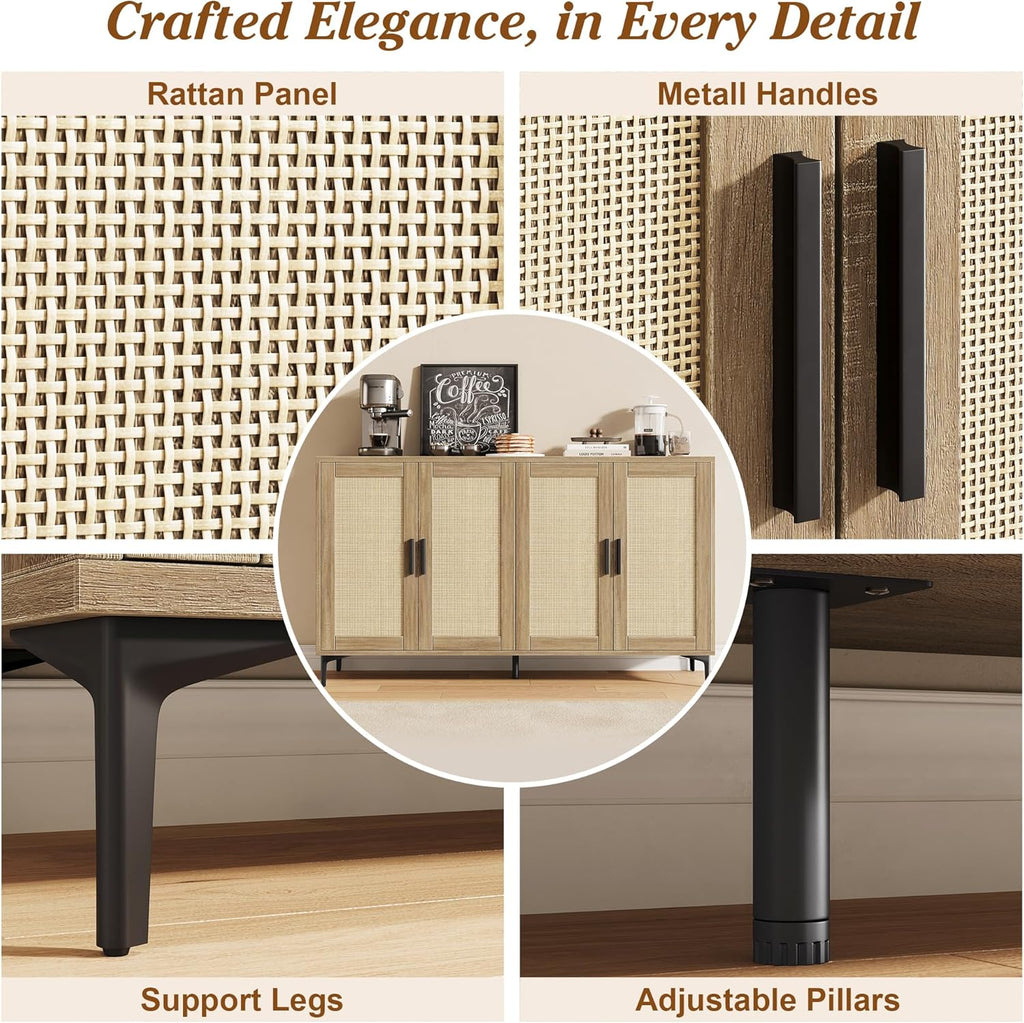 Buffet Cabinet with Storage, 48" Rattan Coffee Bar Cabinet Station | Accent Sideboard with Adjustable Shelves