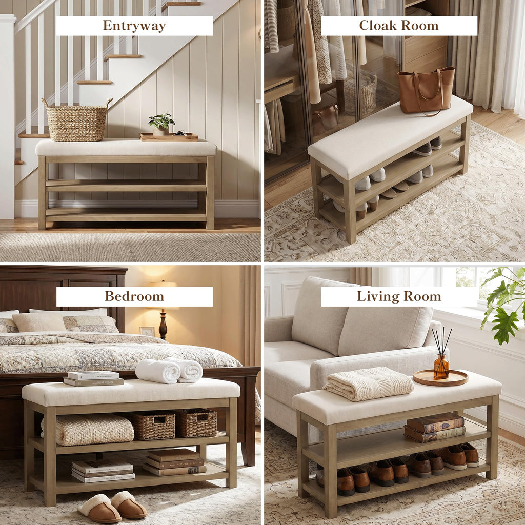 2 Tier Shoe Rack Bench with Cushion, Solid Wood Shoe Benches, Mid-Century Modern Shoe Storage Bench, Closet, Front