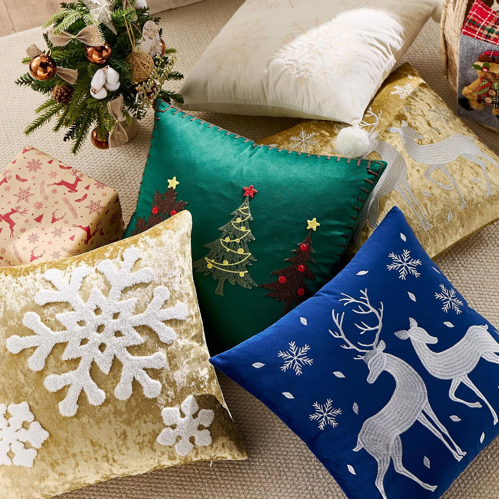 Christmas Snowflake Throw Pillow Covers 18x18 Winter Holiday Decorative Gold Embroidered Luxurious Velvet - Set of 2
