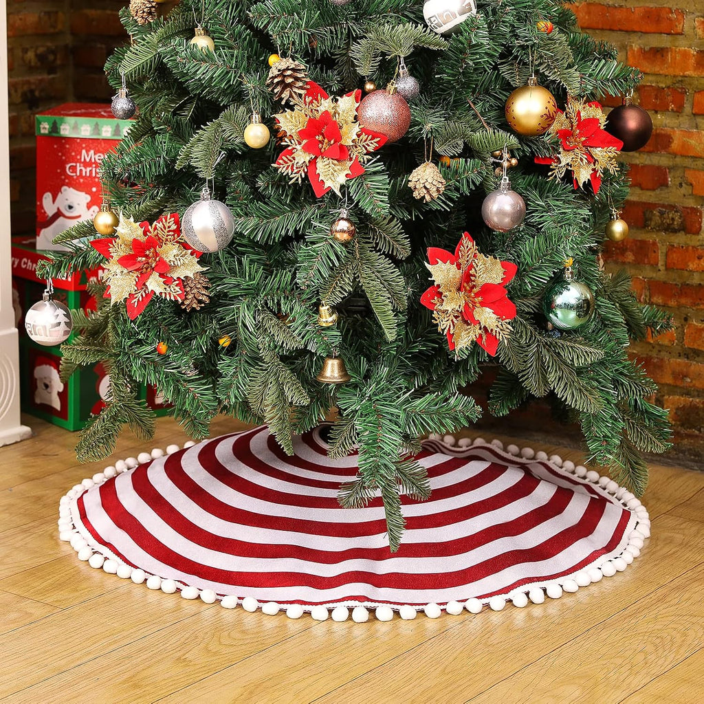 Christmas Tree Skirt, 30'' Red White Rings Stripes with Pom Pom Trim