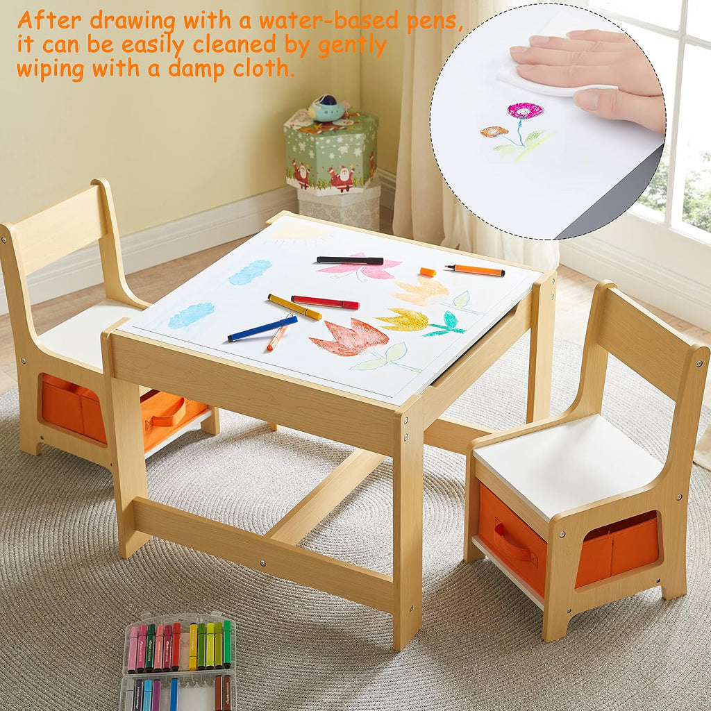 Kids Table and Chair Set, 3 in 1 Wooden Activity Table with Storage Drawer for Toddlers Drawing, Reading, Crafts, 2