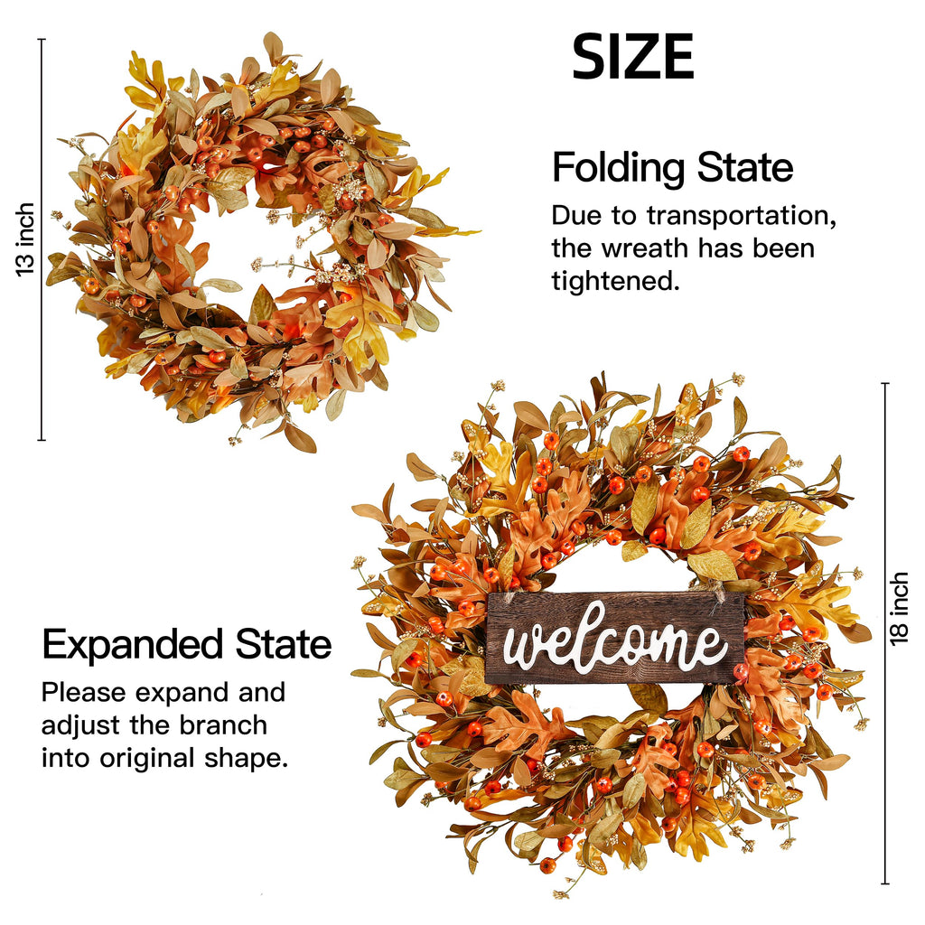 Artificial Fall Wreath - 18'' Autumn Front Door Wreath with Fall Leaves, Small Pumpkins, Cluster of Berries for