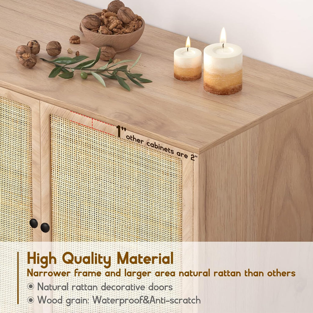 Rattan Sideboard Cabinet with 2 Doors, 31.5" Boho Buffet Credenza with Metal Legs, Natural Cane Accent Storage