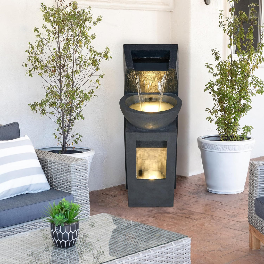 41" Tall Outdoor Basin Waterfall Floor Fountain with LED Lights