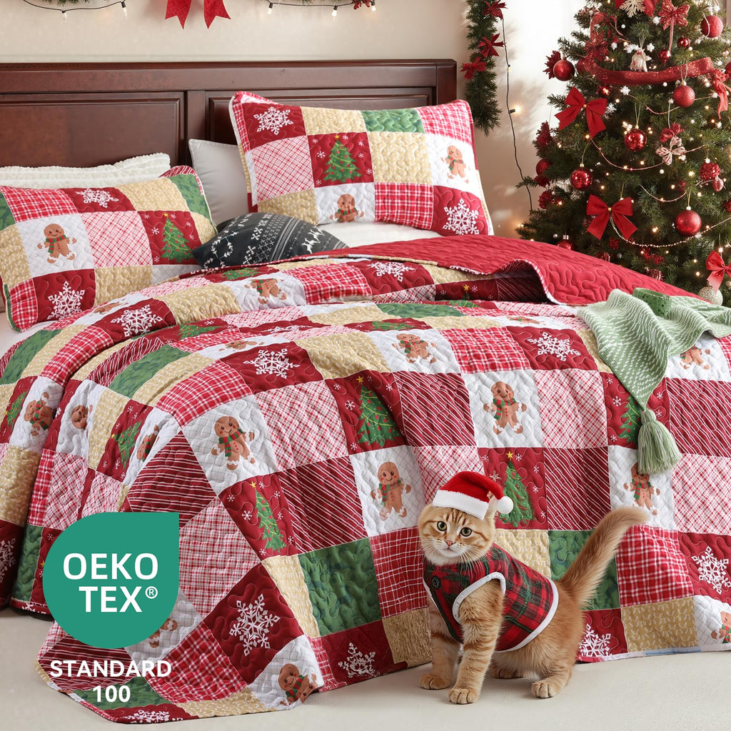 Christmas Quilt Queen Size, Gingerbread Christmas Patchwork Bedding