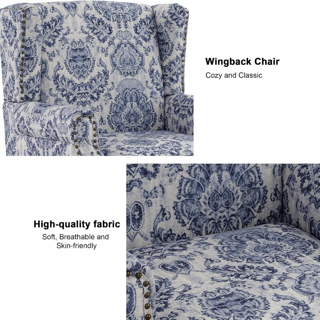 Wingback Accent Chair with Wood Legs, Navy Blue, Set of 1 | High Back with Side Wings | Armrest Nailhead Trim | Solid