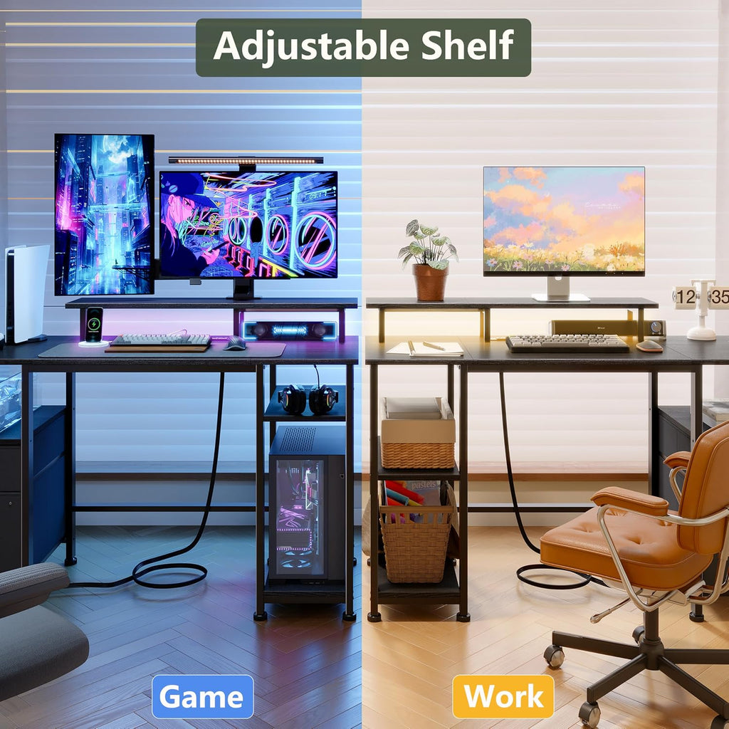61" Gaming Desk with Outlets & LED, Large Computer Desk, Black | AC Outlets & USB, Ergonomic Monitor Stand, Drawer &