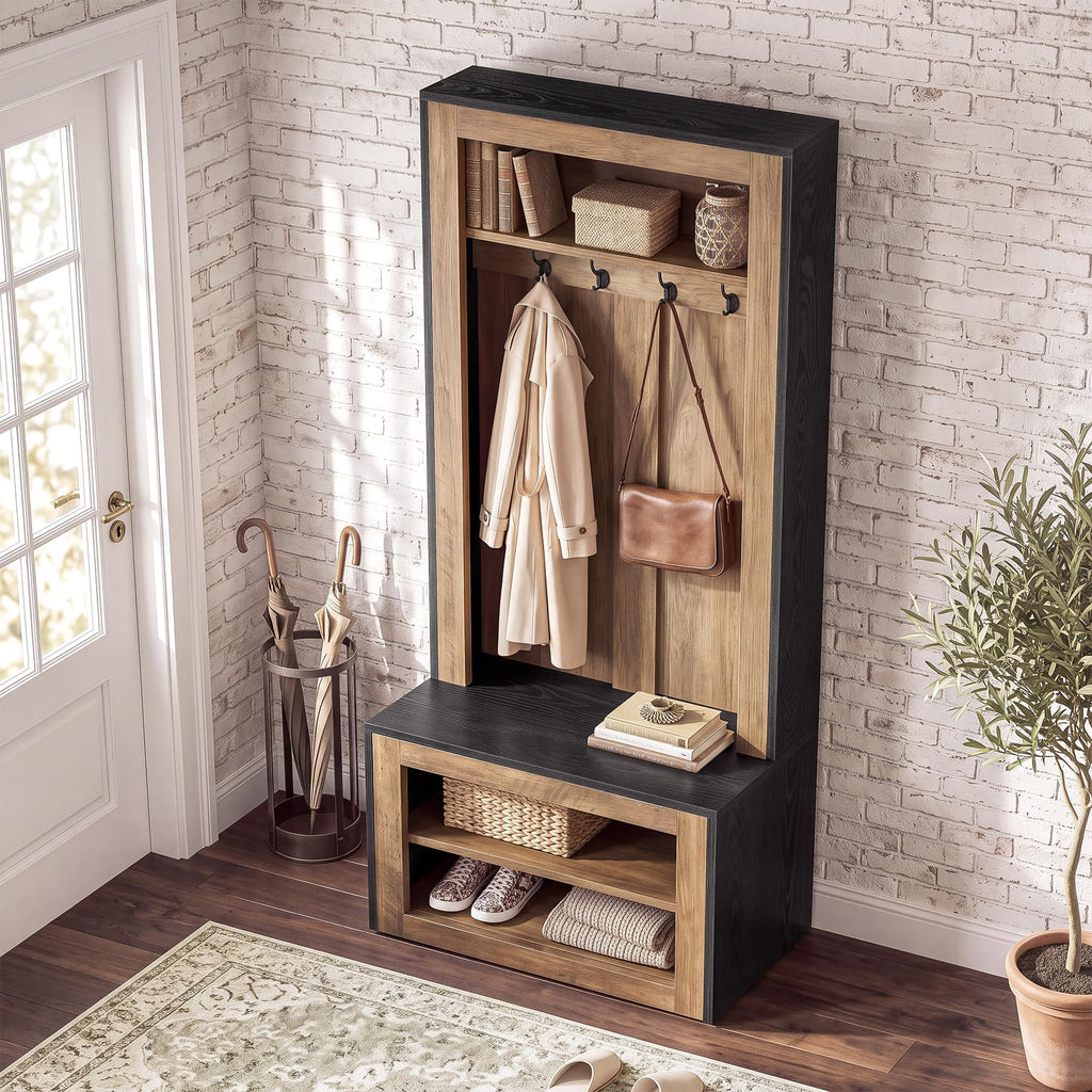 Hall Tree with Shoe Storage Bench, Farmhouse Entryway Coat Rack